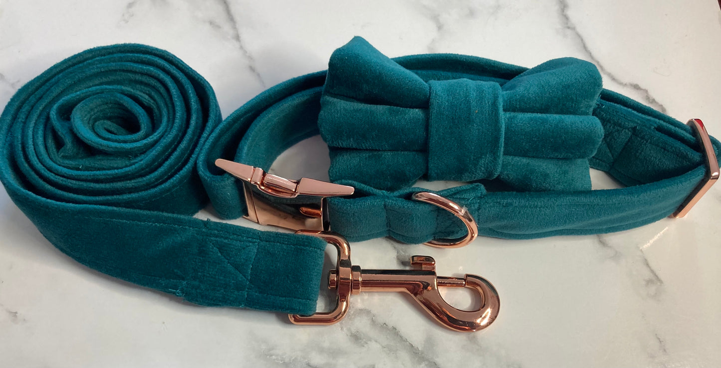 Luxury green velvet dog lead, handmade pet lead, rose-gold hardware, matching dog accessories,