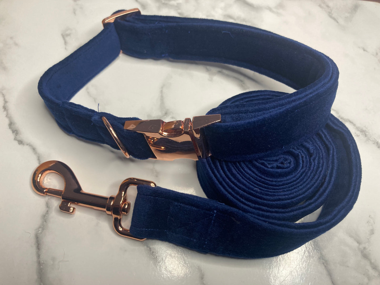 Luxury navy velvet dog lead, handmade pet lead, rose-gold hardware, matching dog accessories