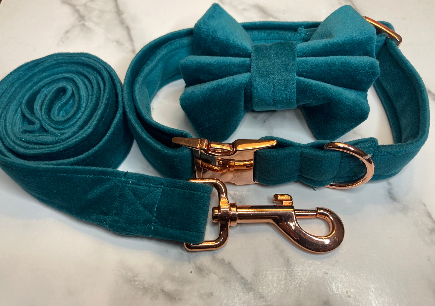 Luxury green velvet dog collar, handmade, rose-gold hardware, adjustable pet collar, matching dog accessories