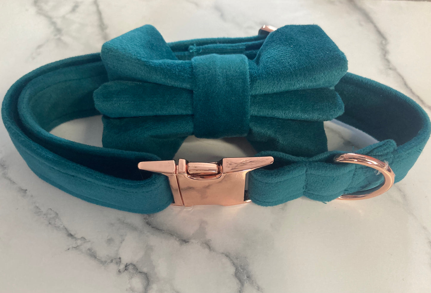 Luxury green velvet dog collar, handmade, rose-gold hardware, adjustable pet collar, matching dog accessories