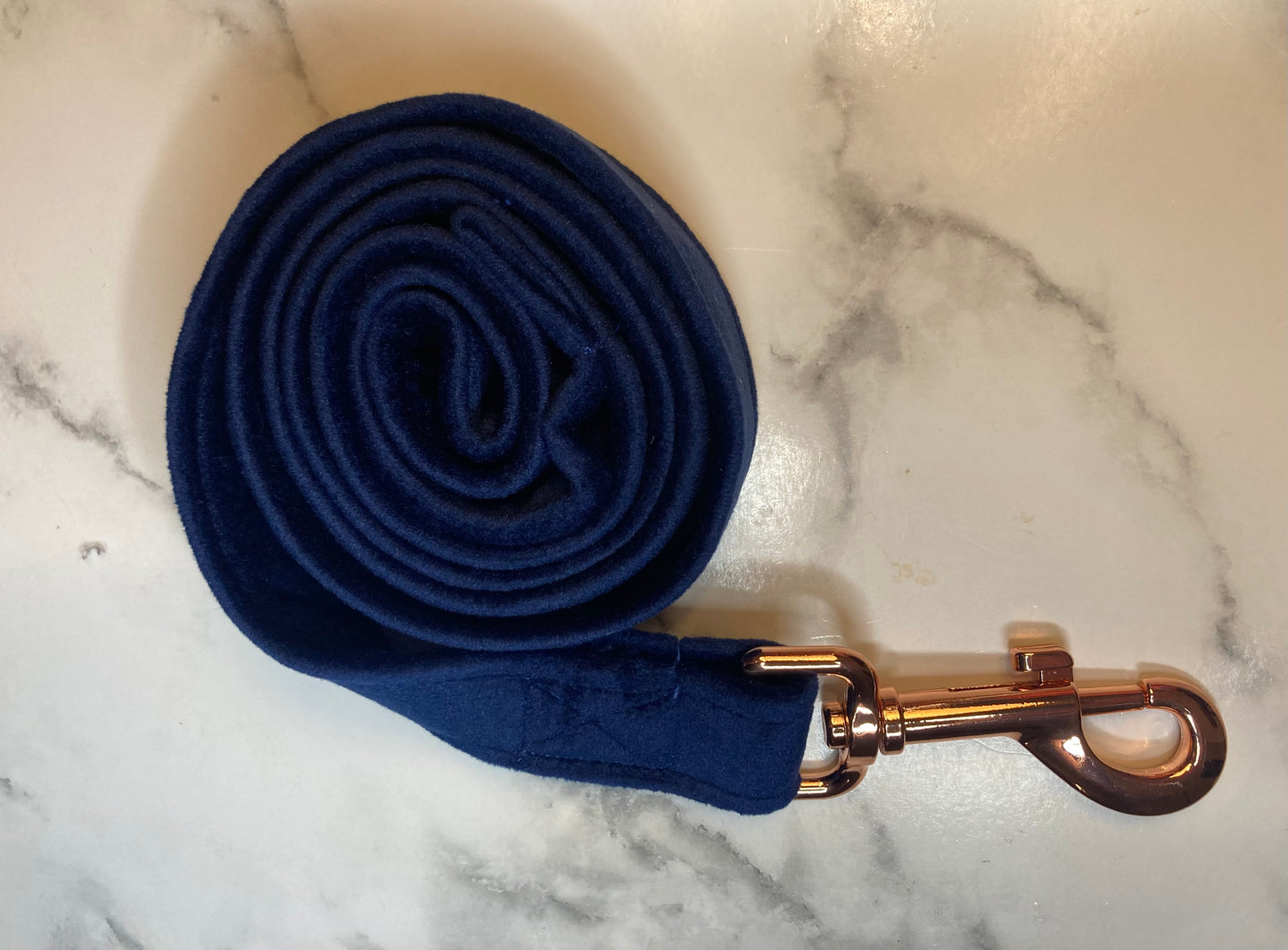 Luxury navy velvet dog lead, handmade pet lead, rose-gold hardware, matching dog accessories