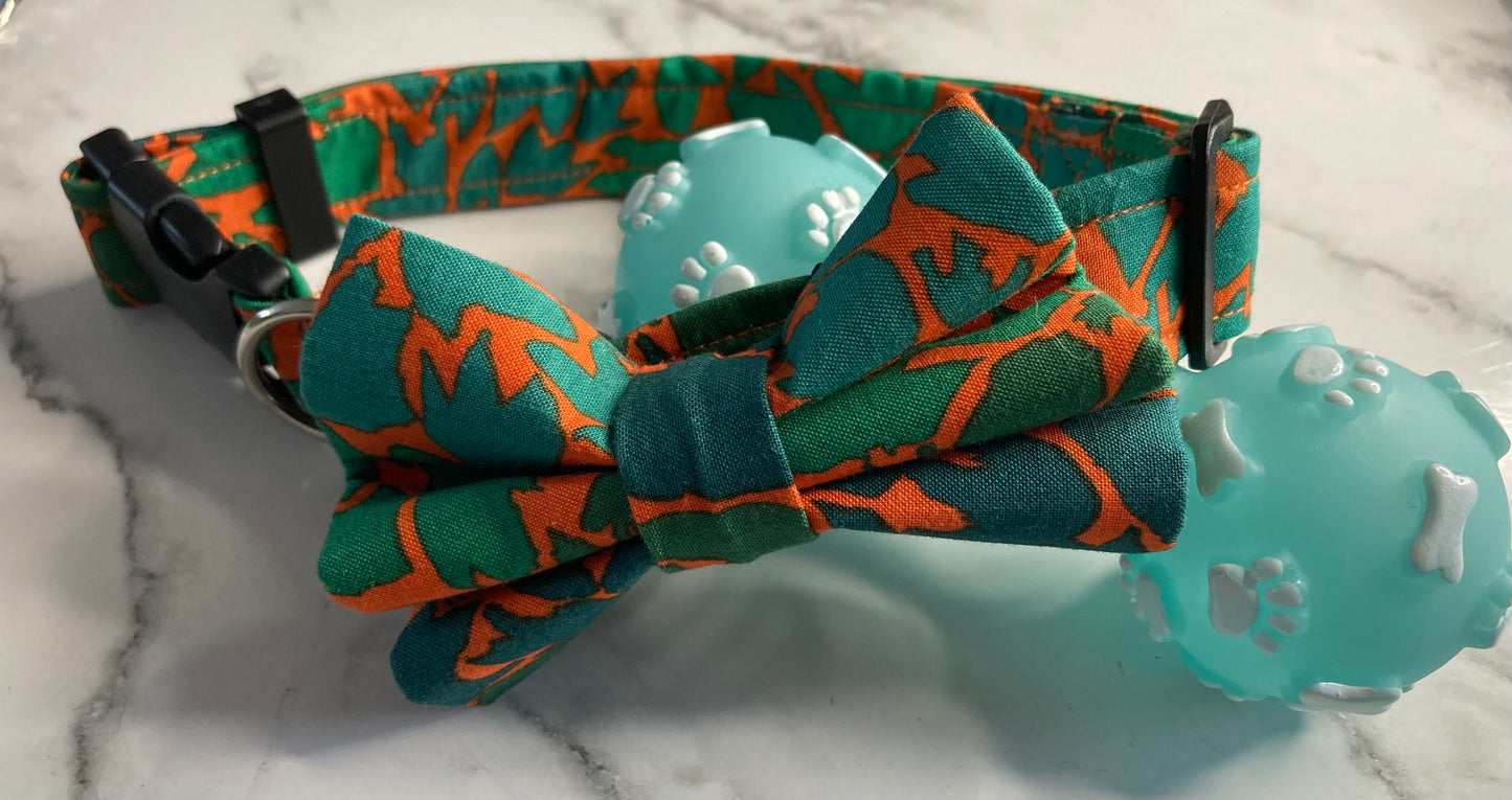 Ombré green leaf design fabric handmade dog bow tie, matching dog accessories