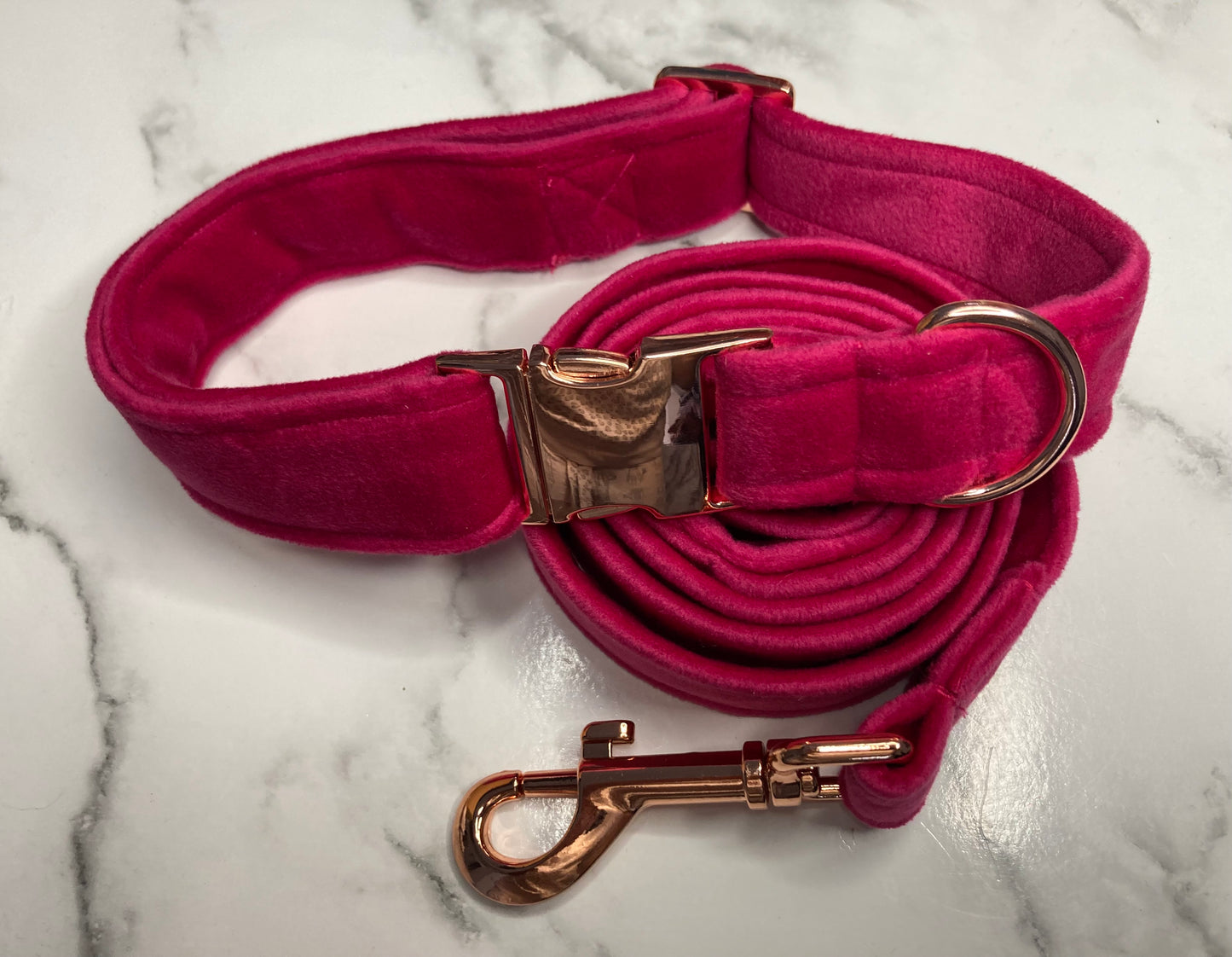 Luxury pink velvet dog lead, handmade pet lead, rose-gold hardware, matching dog accessories