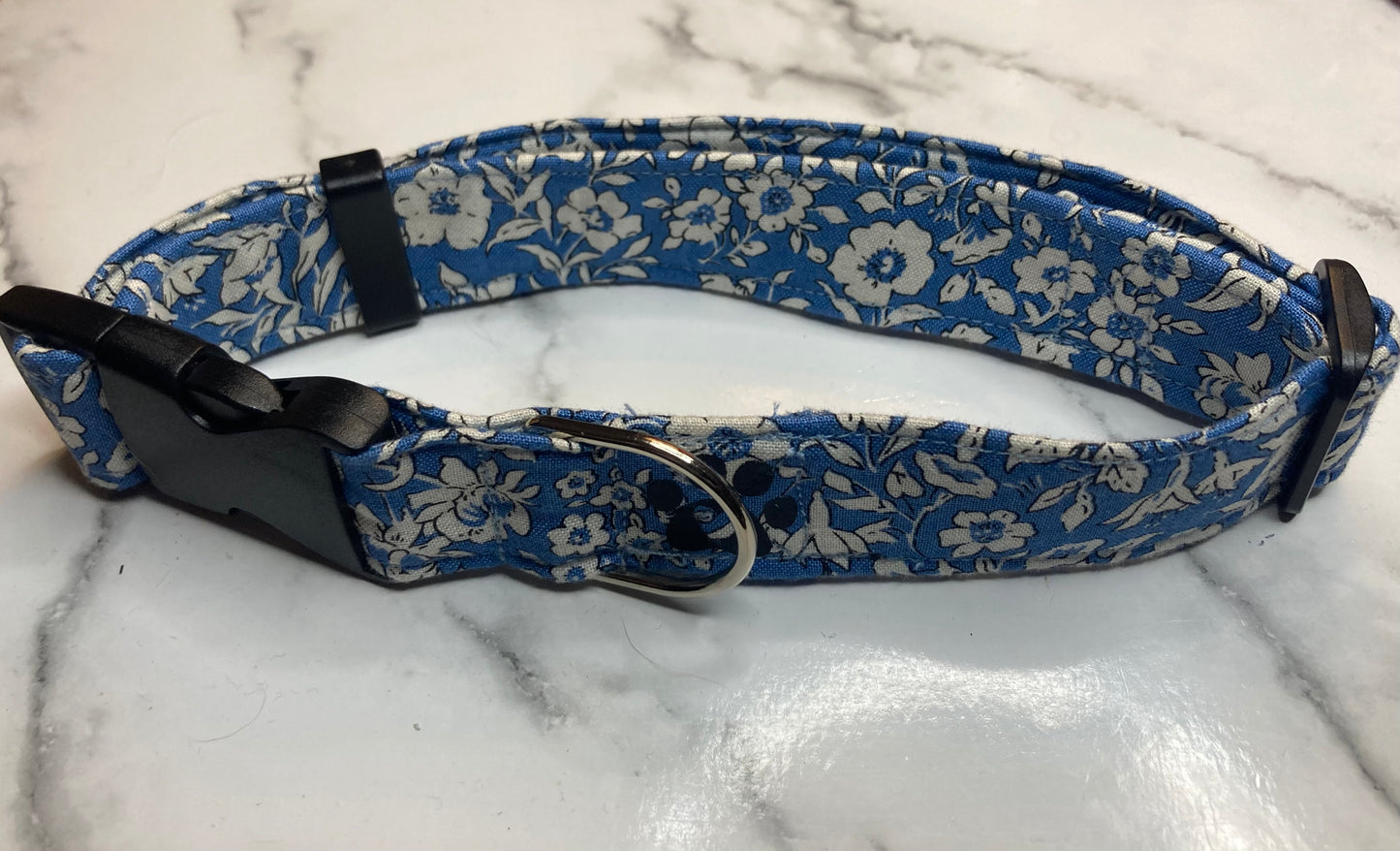 Liberty fabric dog collar in blue, handmade, adjustable, floral pet collar, designer fabric, matching dog accessories