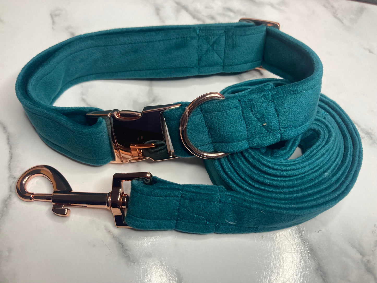 Luxury green velvet dog lead, handmade pet lead, rose-gold hardware, matching dog accessories,