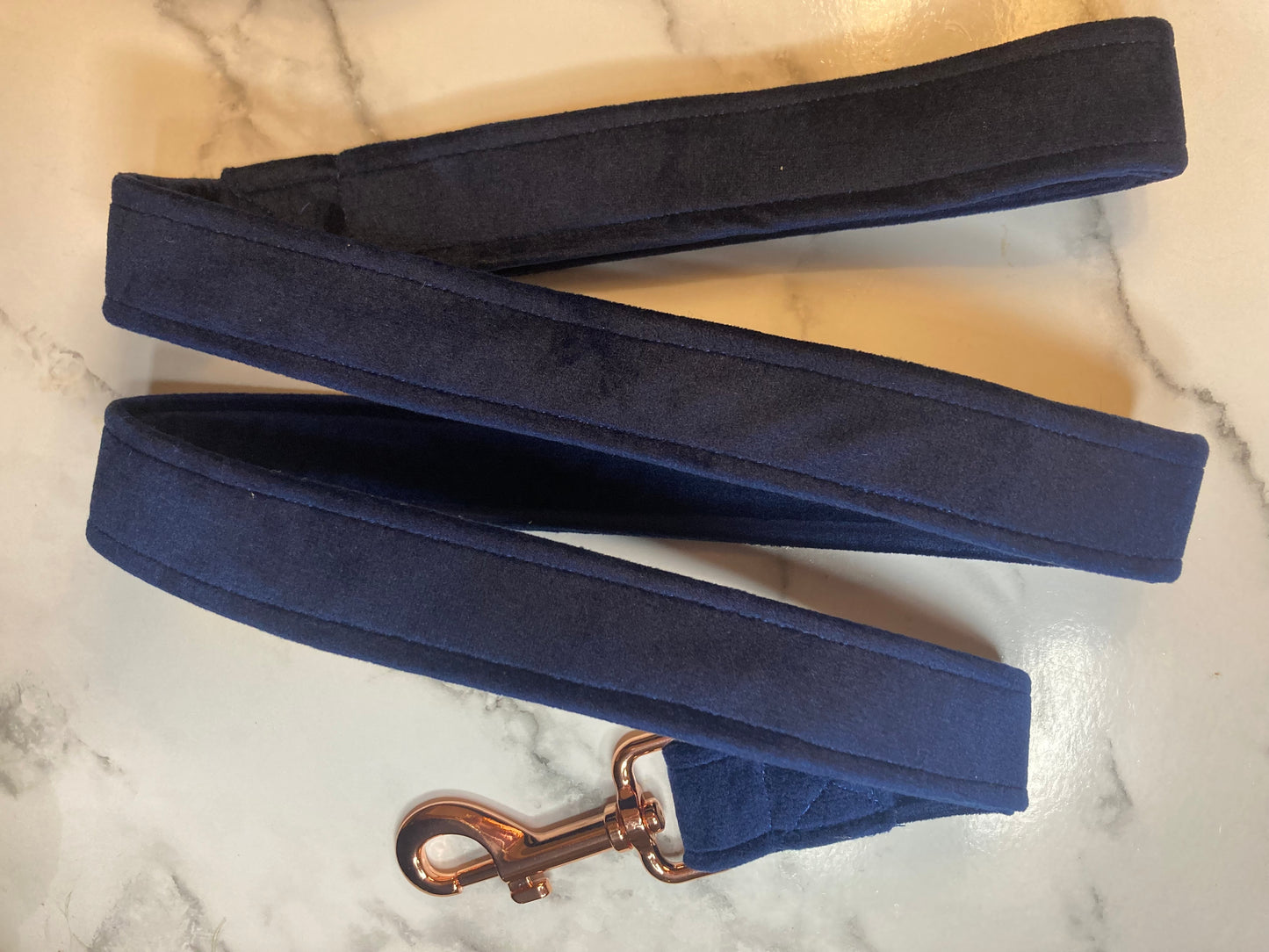 Luxury navy velvet dog lead, handmade pet lead, rose-gold hardware, matching dog accessories
