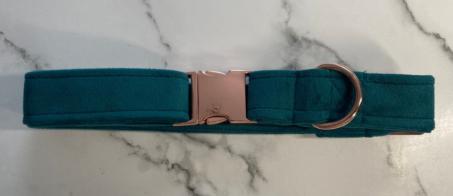 Luxury green velvet dog collar, handmade, rose-gold hardware, adjustable pet collar, matching dog accessories