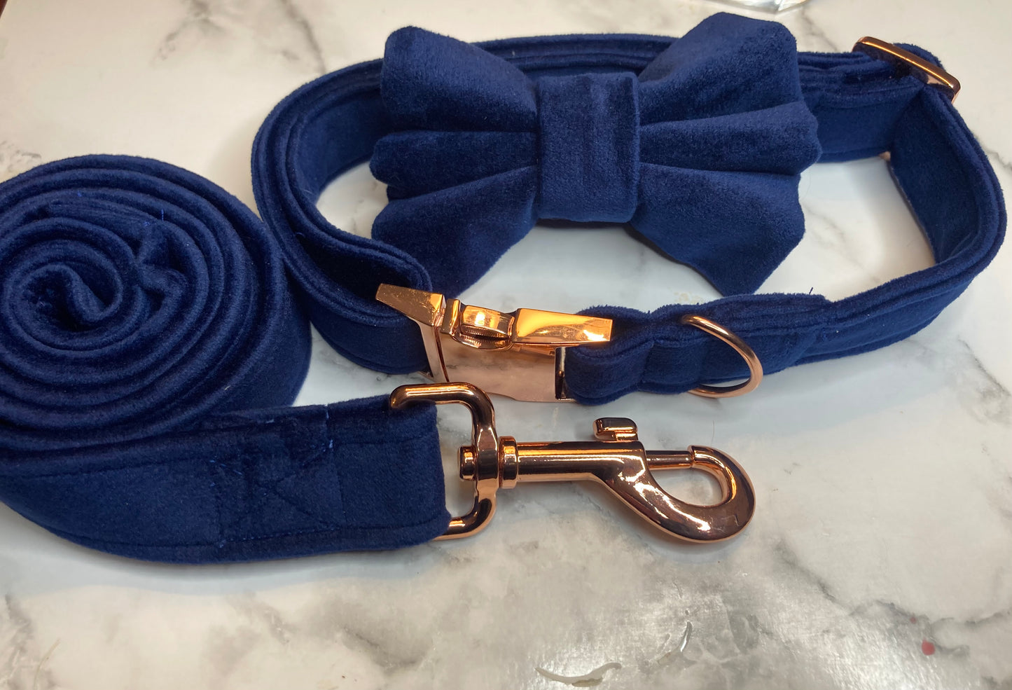 Luxury navy velvet dog lead, handmade pet lead, rose-gold hardware, matching dog accessories
