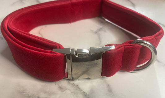 Red velvet handmade dog collar: Silver Hardware, Luxury Adjustable Pet Collar