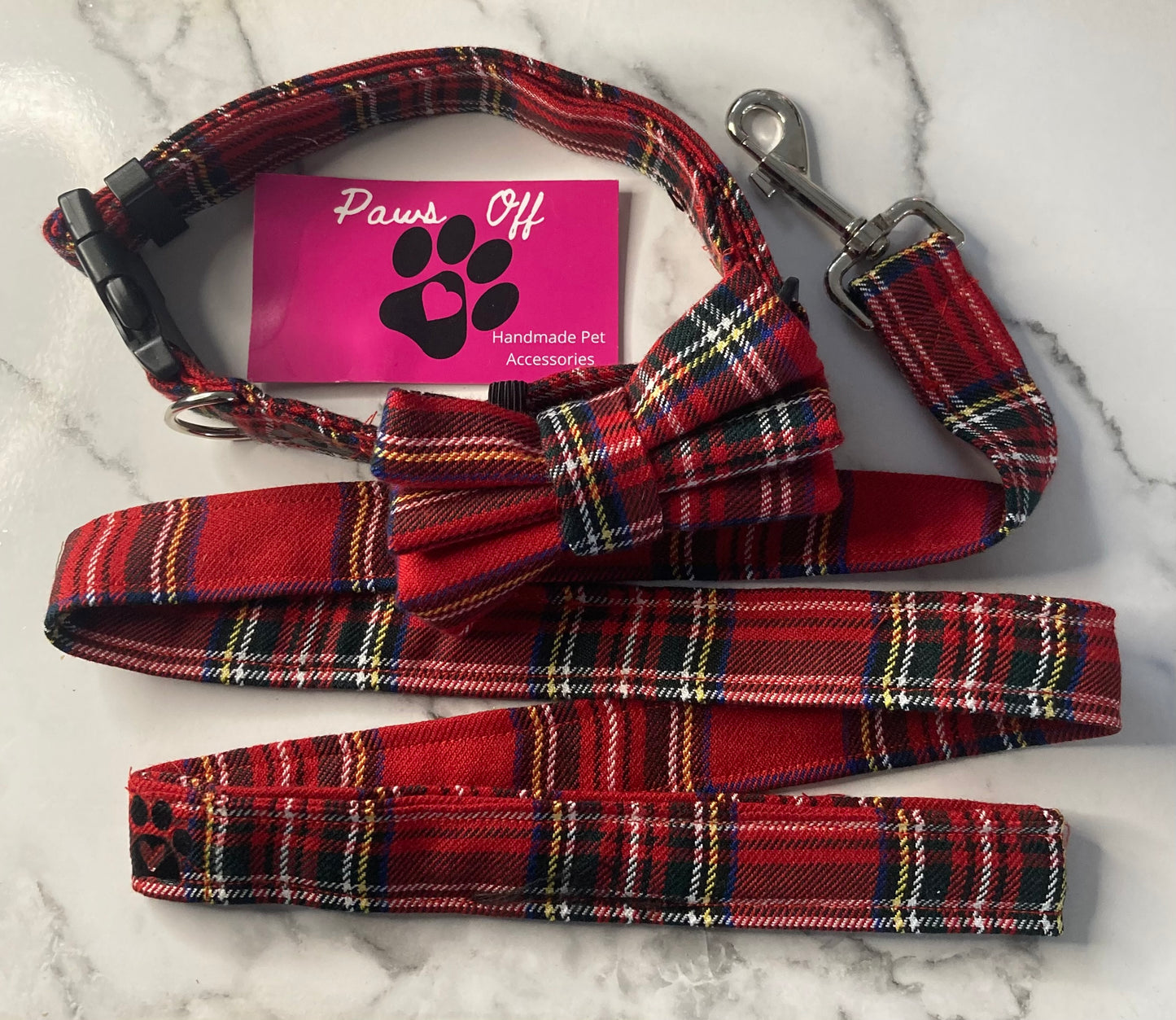 Tartan Red Handmade Personalised Adjustable Dog Collar set and matching Lead, Bow Tie and Bandanas