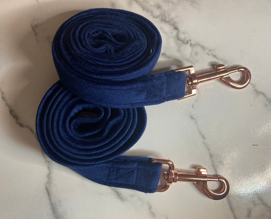 Luxury navy velvet dog lead, handmade pet lead, rose-gold hardware, matching dog accessories