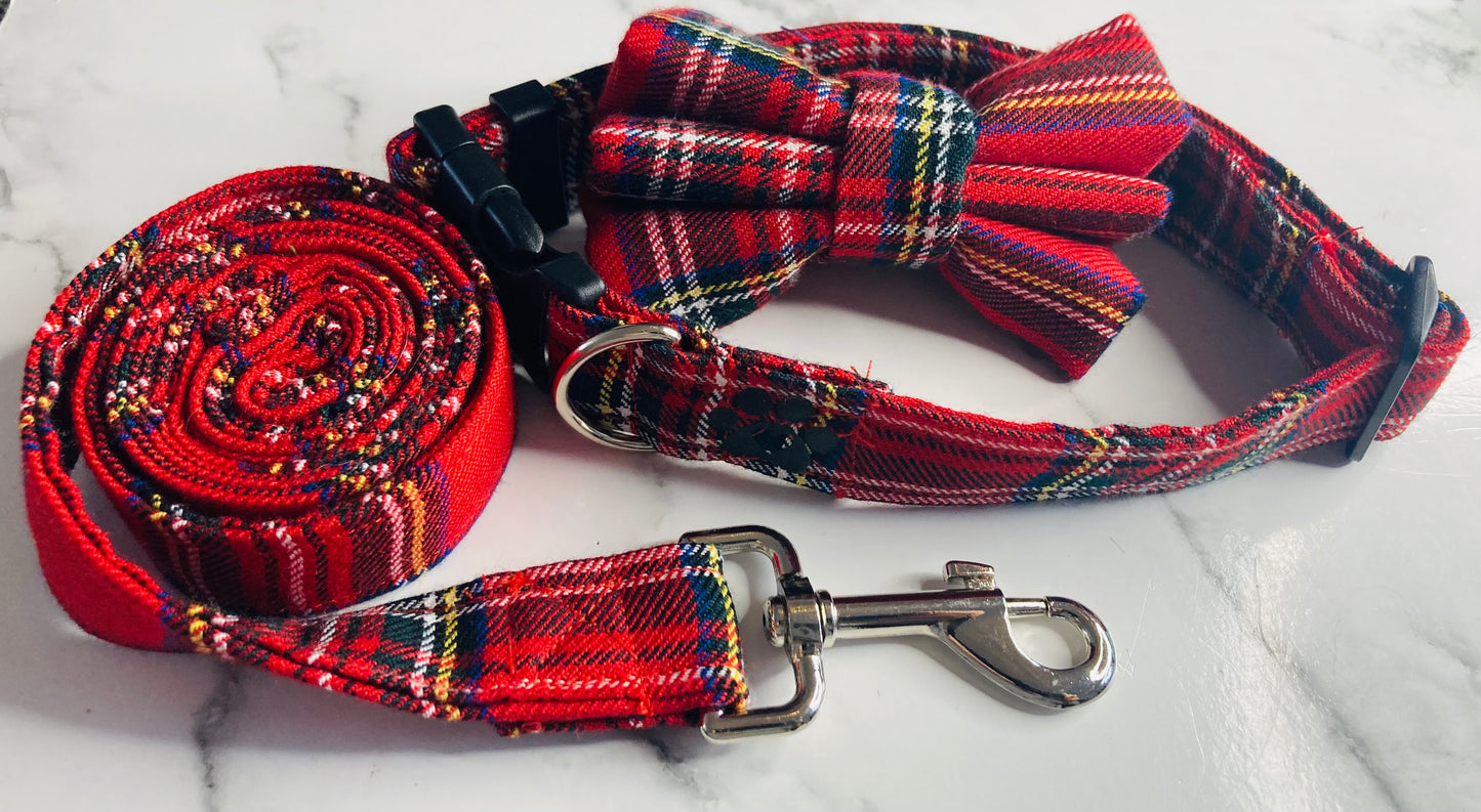 Red tartan dog bow tie, handmade pet bow tie, matching dog accessories