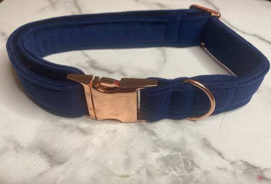 Luxury navy velvet dog collar, handmade, rose-gold hardware, adjustable pet collar, matching dog accessories
