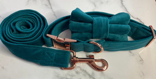 Green velvet dog collar collection, handmade collar, lead & bow tie, rose-gold hardware, pet collar set, matching dog accessories