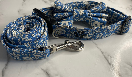 Liberty Blue Handmade Personalised Adjustable Dog Collar set, matching Lead, Bow Tie and Bandanas