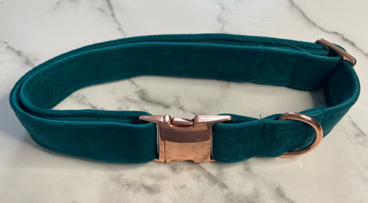 Luxury green velvet dog collar, handmade, rose-gold hardware, adjustable pet collar, matching dog accessories