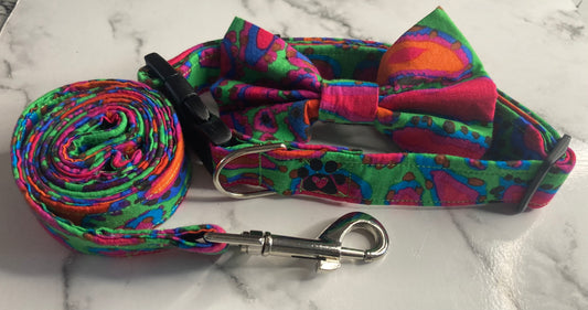Bright dog collar collection, handmade collar, lead & bow tie, colourful pet collar set, designer fabric, matching dog accessories