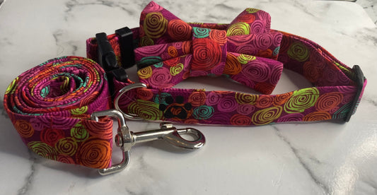 Modern Swirl Fabric Handmade Personalised Adjustable Dog Collar set and matching Lead, Bow Ties and Bandanas