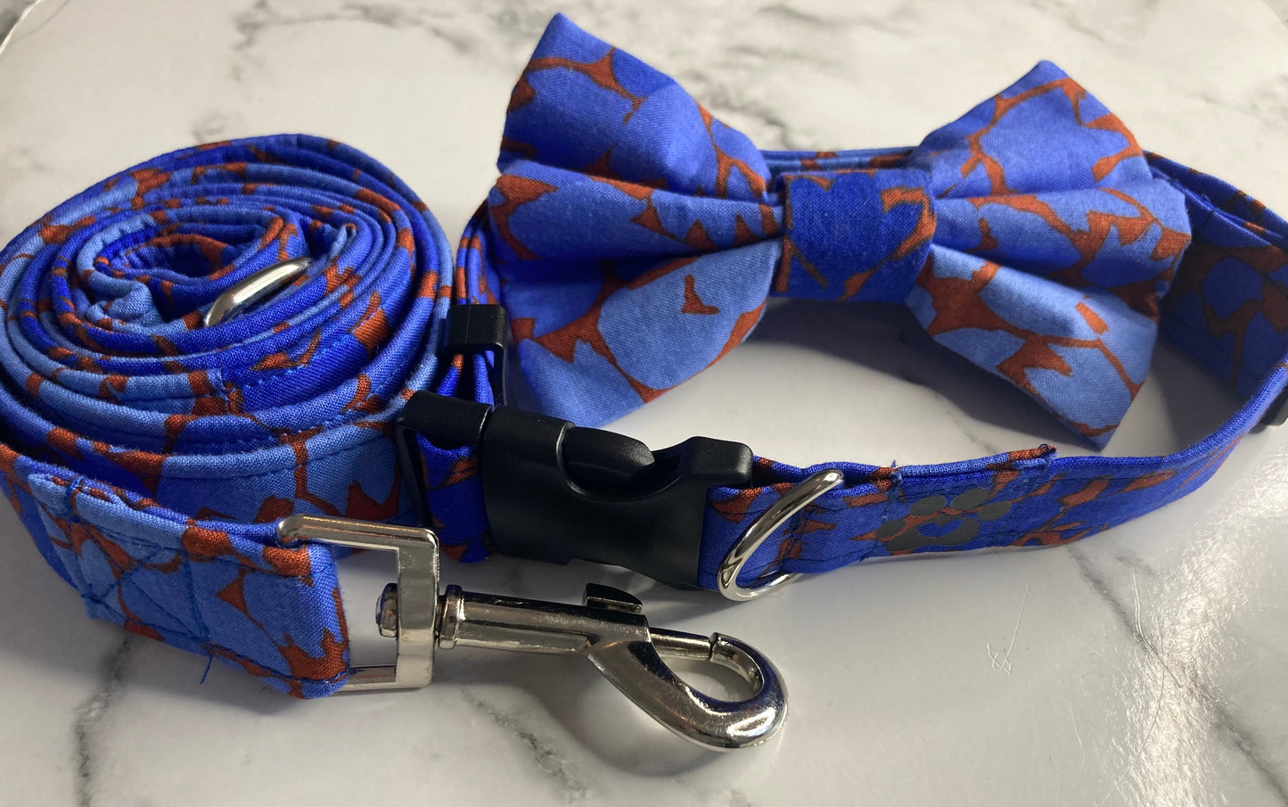 Ombre Leaf Blue fabric Handmade Personalised Dog Collar set, adjustable collar, lead. bow ties and bandanas