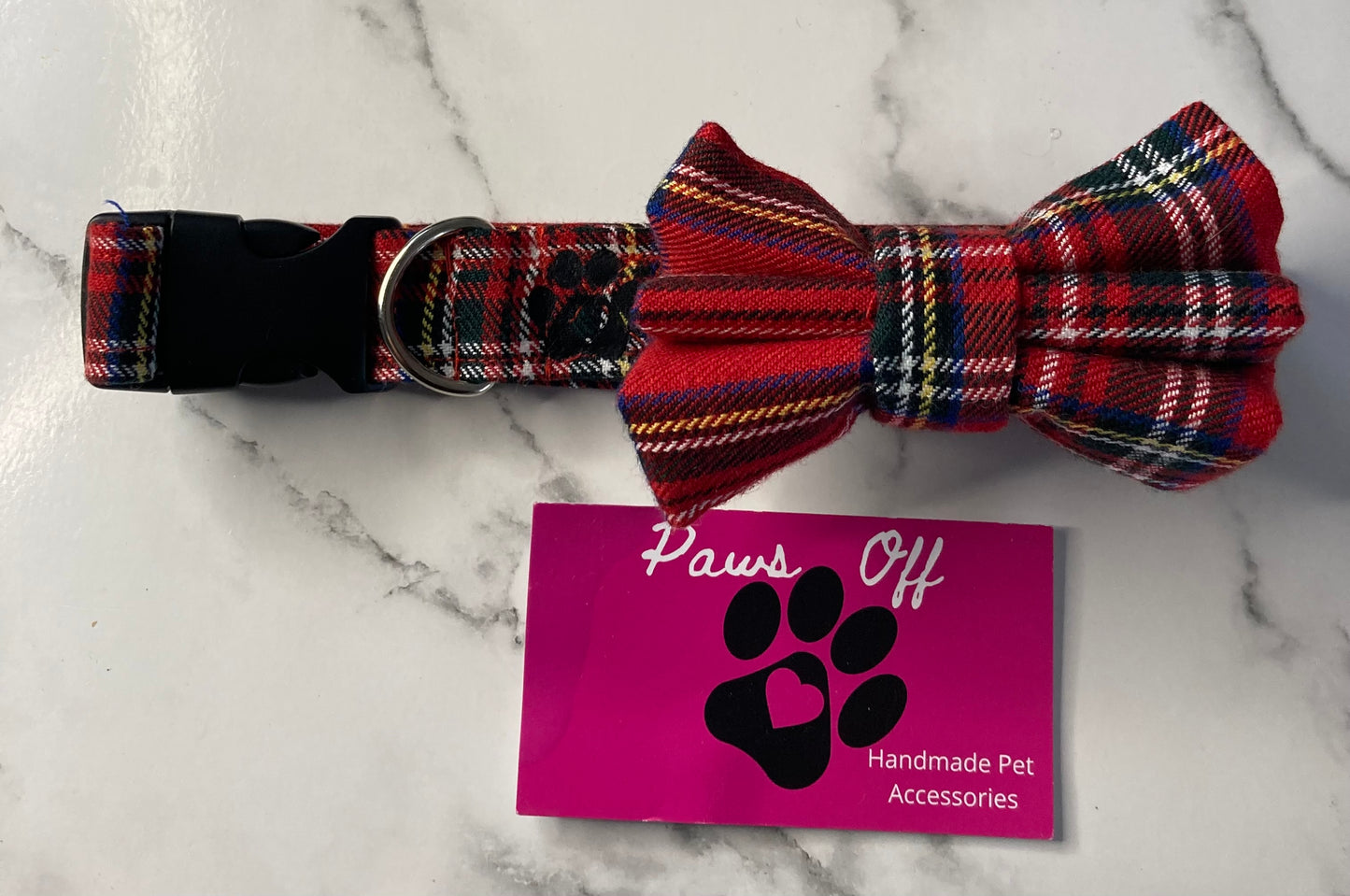 Tartan Red Handmade Personalised Adjustable Dog Collar set and matching Lead, Bow Tie and Bandanas