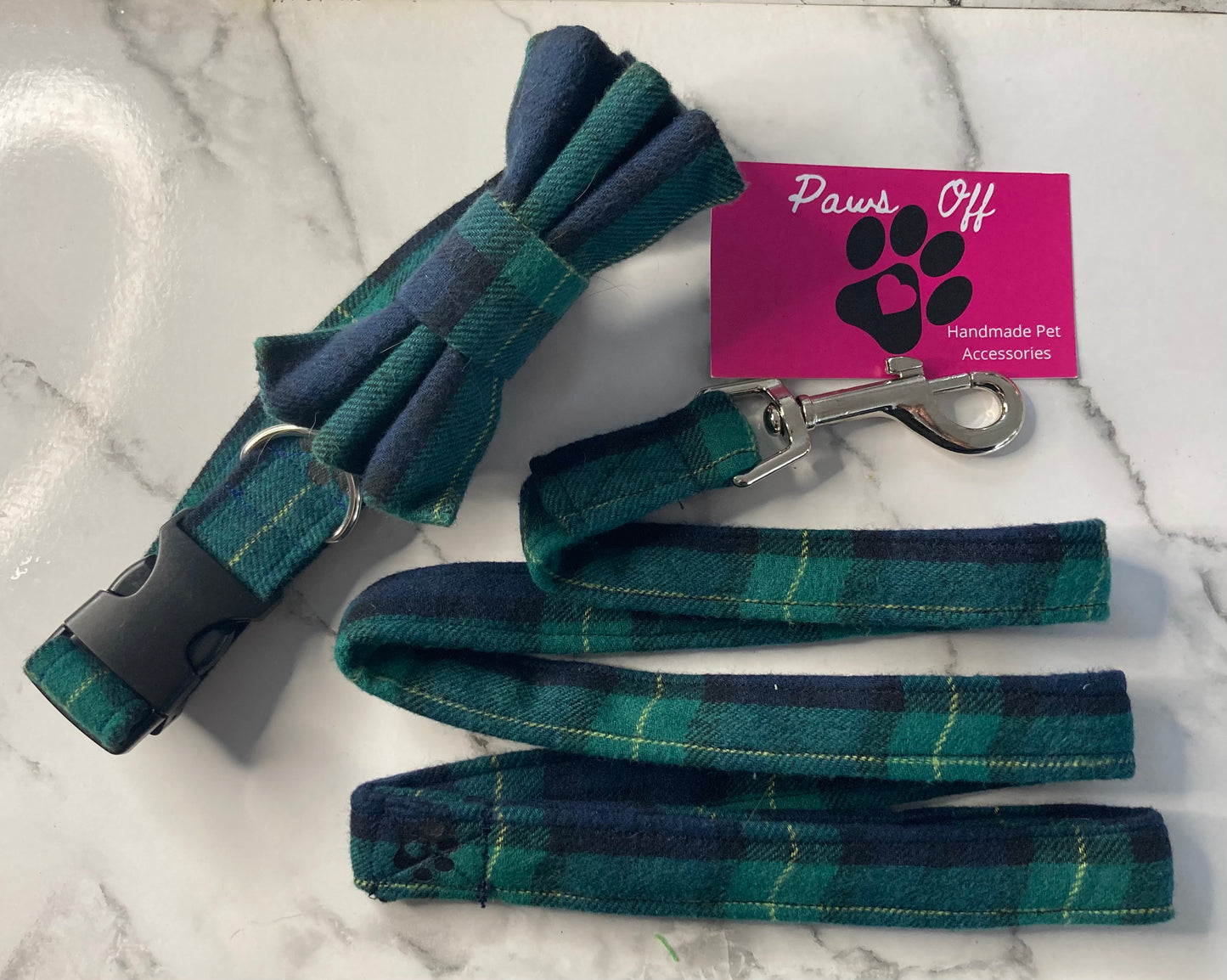 Tartan Green Handmade Personalised Adjustable Dog Collar set and matching Lead, Bow Tie and Bandana