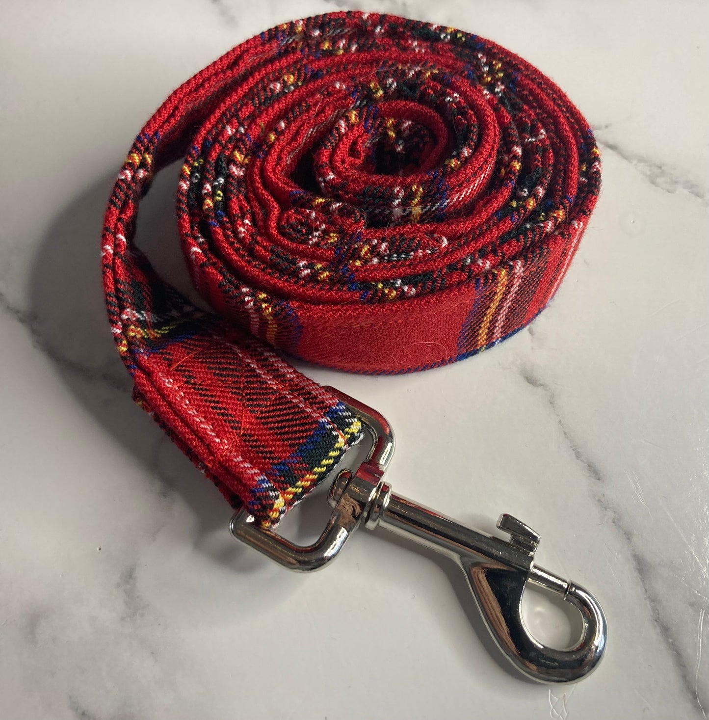 Tartan Red Handmade Personalised Adjustable Dog Collar set and matching Lead, Bow Tie and Bandanas