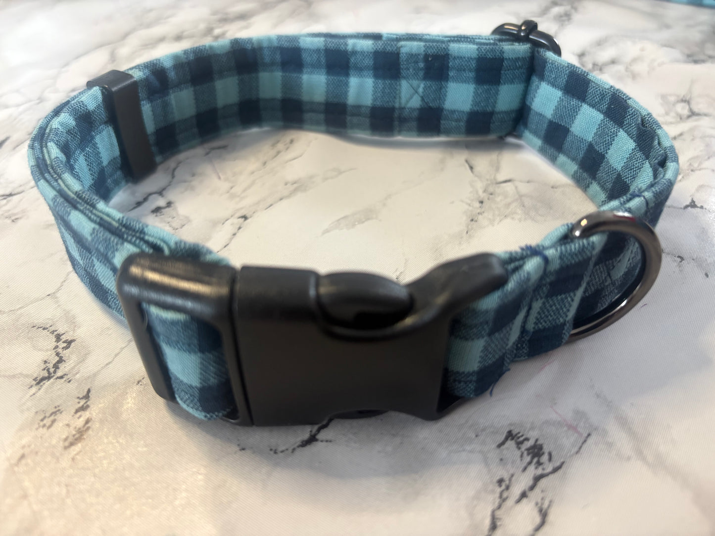 Navy & Teal Check Dog Collar – Handmade Adjustable Collar
