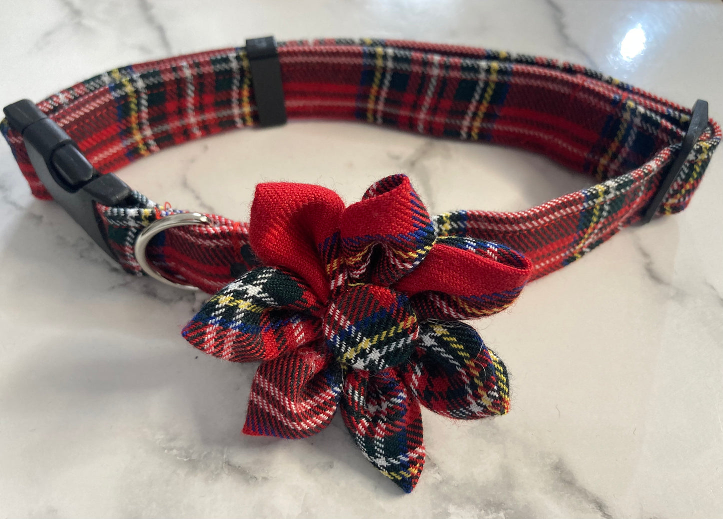 Red Tartan Handmade Dog Collar Flower: Plaid Pet Collar Accessory