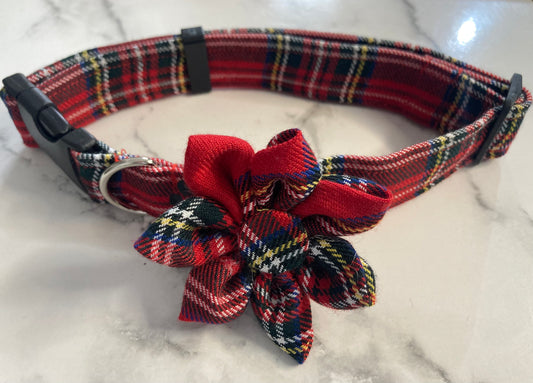Red Tartan Handmade Dog Collar Flower: Plaid Pet Collar Accessory