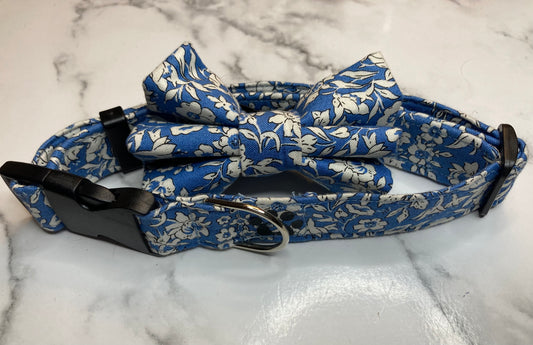 Liberty fabric dog collar in blue, handmade, adjustable, floral pet collar, designer fabric, matching dog accessories