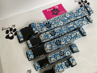 Liberty Blue Handmade Personalised Adjustable Dog Collar set, matching Lead, Bow Tie and Bandanas