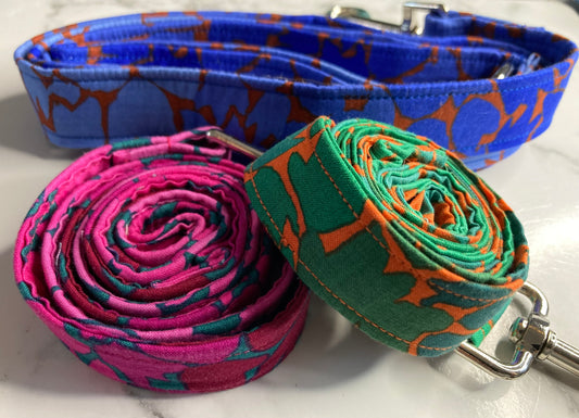 Ombre blue leaf dog lead, handmade pet lead, designer fabric, matching dog accessories