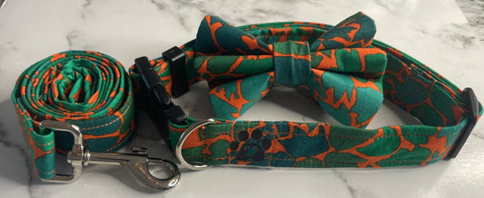 Ombre leaf orange/green handmade personalised dog collar set, adjustable collar, lead, bow tie and bandana