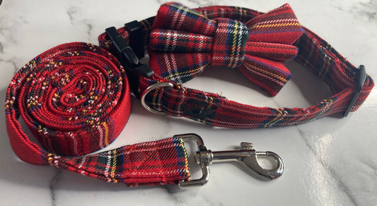 Tartan Red Handmade Personalised Adjustable Dog Collar set and matching Lead, Bow Tie and Bandanas