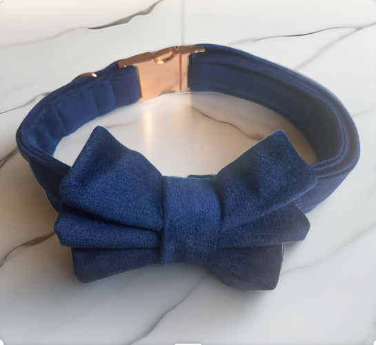 Luxury navy velvet dog bow tie, handmade pet bow tie, matching dog accessories