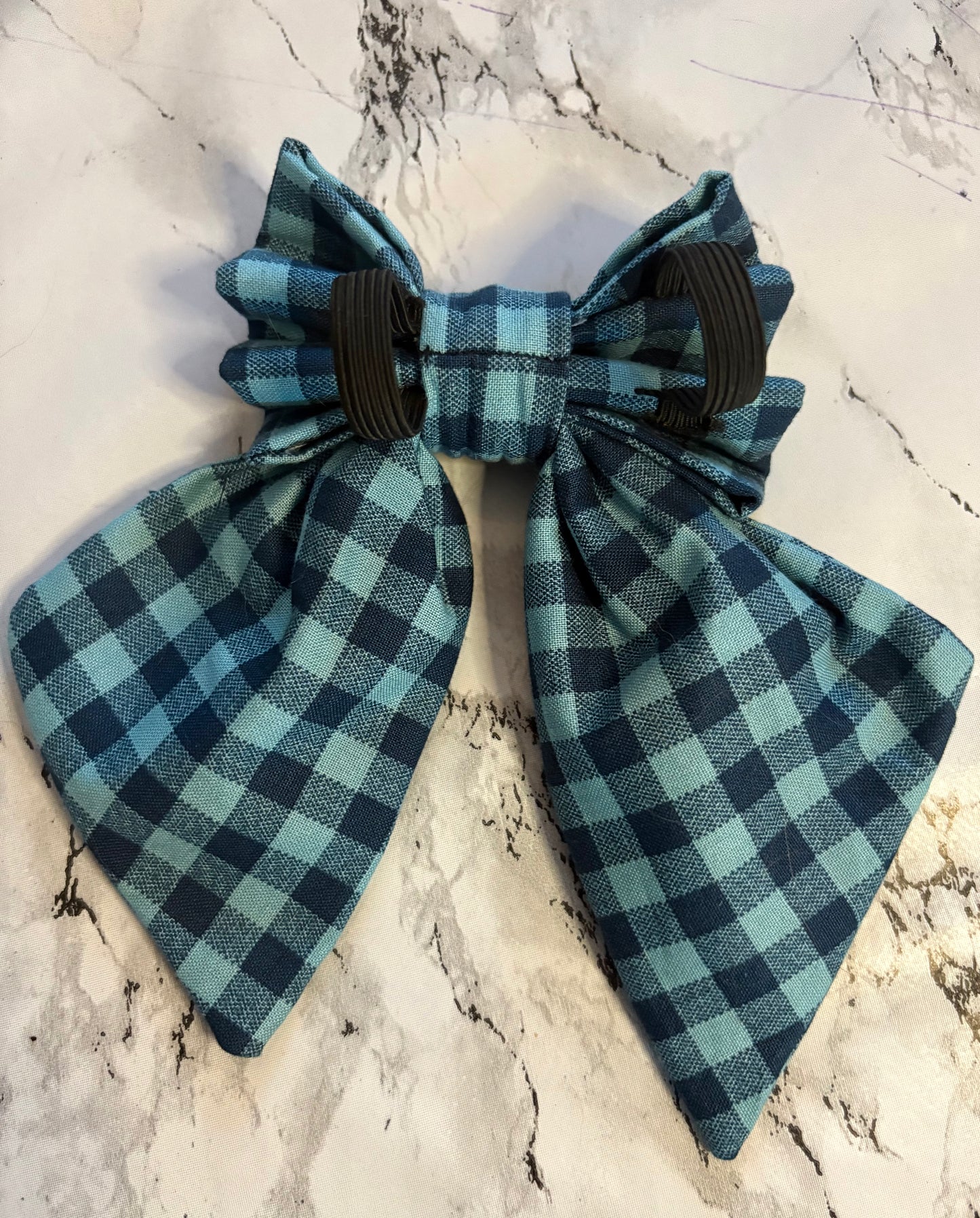 Navy & Teal Check Dog Sailor Bow – Handmade Collar Accessory