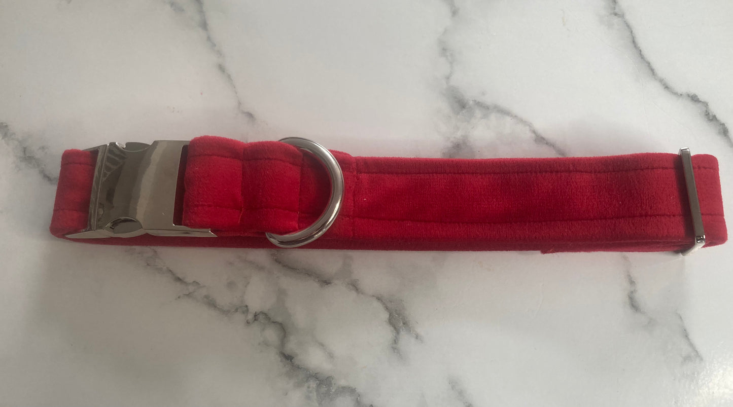 Red velvet handmade dog collar: Silver Hardware, Luxury Adjustable Pet Collar