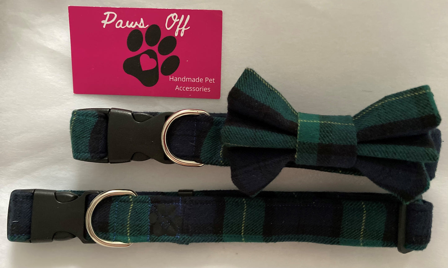 Tartan Green Handmade Personalised Adjustable Dog Collar set and matching Lead, Bow Tie and Bandana