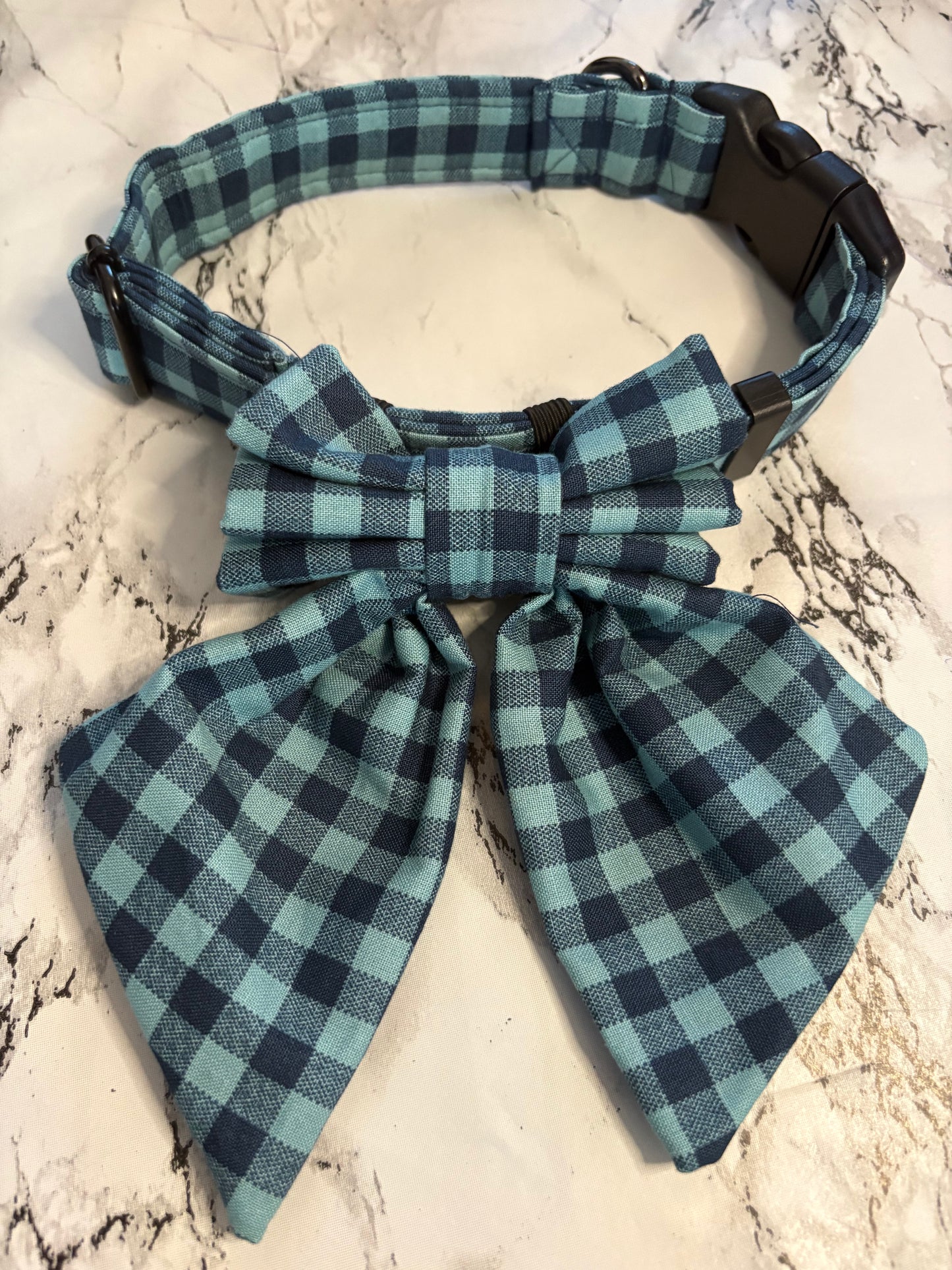 Navy & Teal Check Dog Sailor Bow – Handmade Collar Accessory
