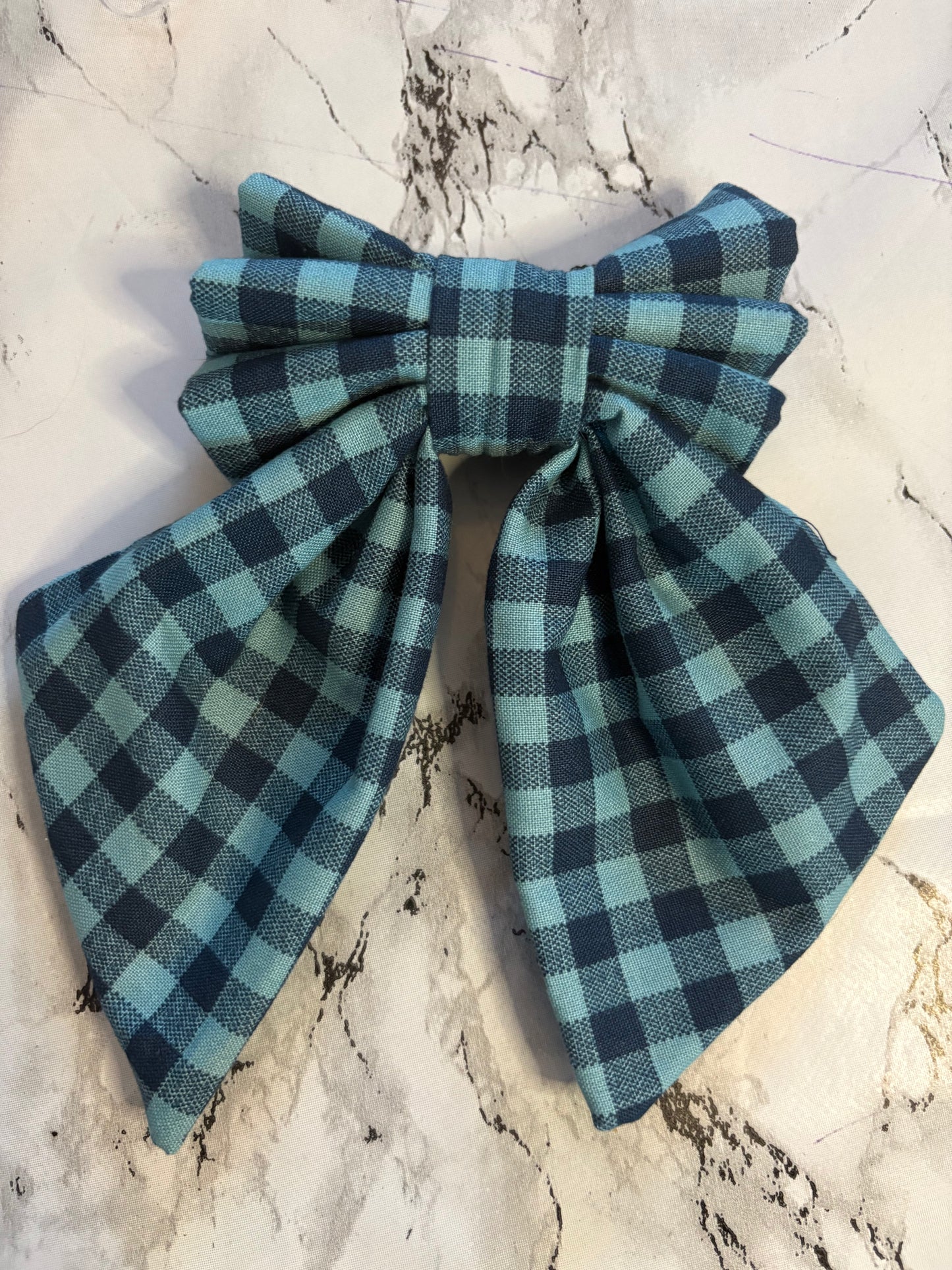 Navy & Teal Check Dog Sailor Bow – Handmade Collar Accessory