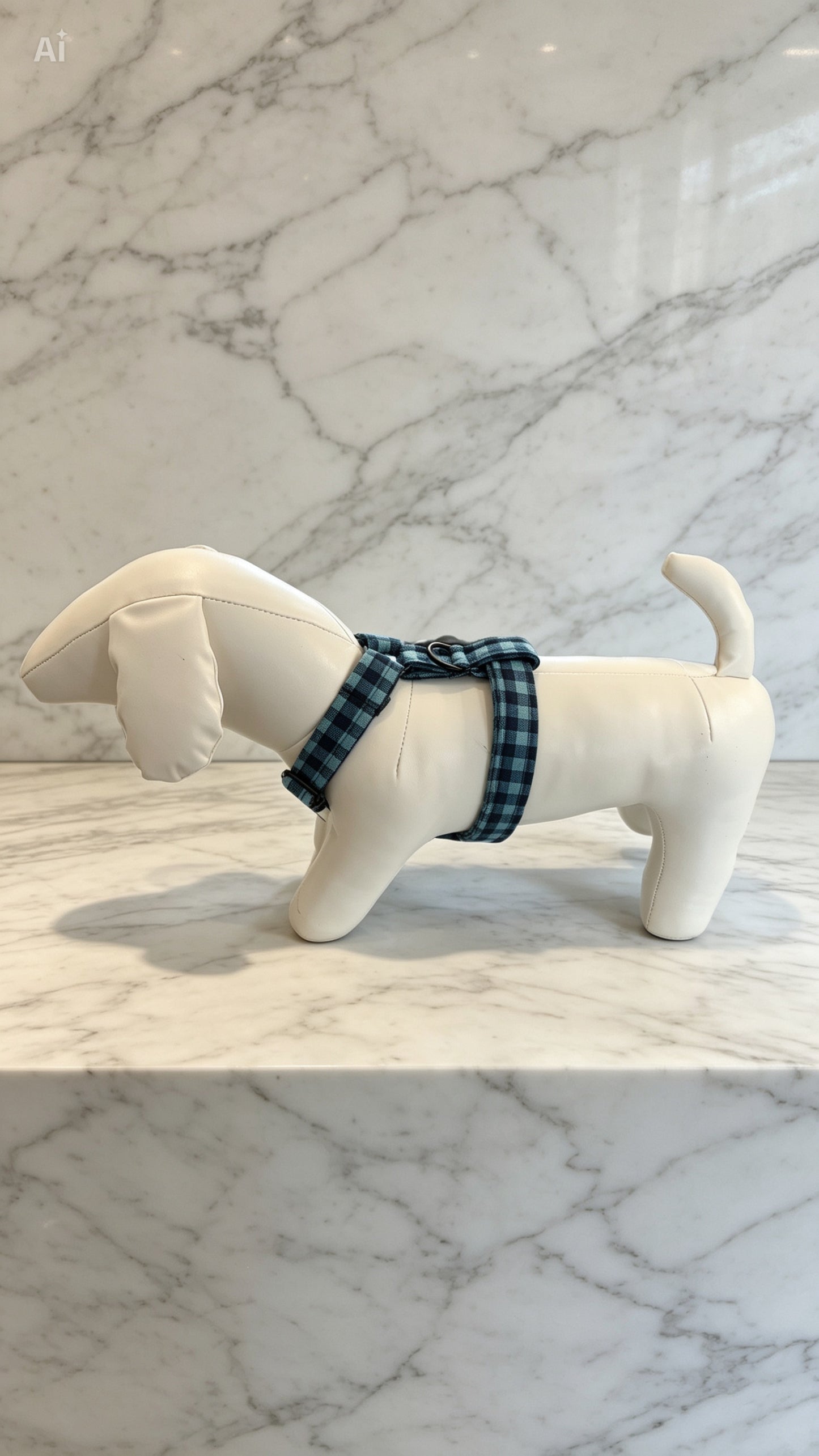 Navy & Teal Check Dog Harness – Handmade Adjustable Y‑Strap Harness