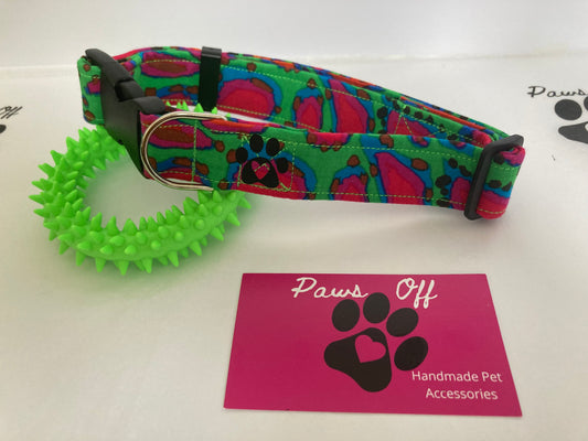 Modern vibrant fabric personalised dog collar, handmade dog collar, adjustable dog collar, dog accessories set, matching lead, matching bow tie, bandana