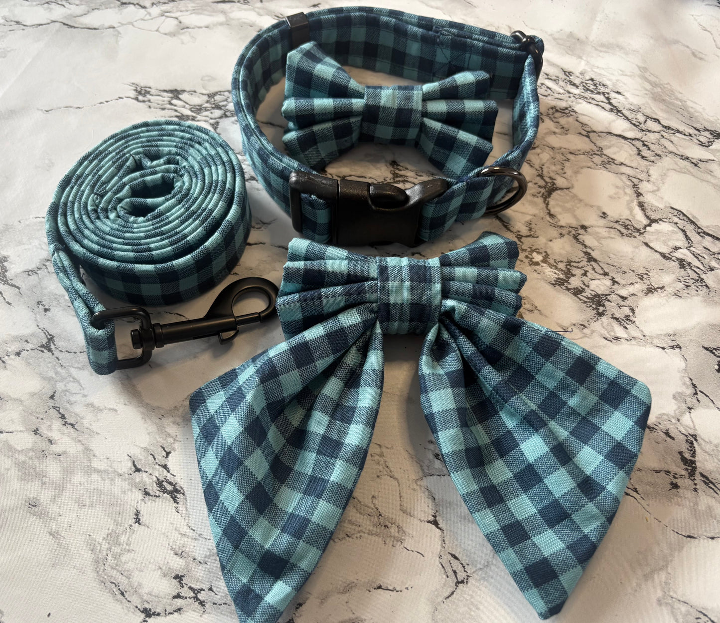 Navy & Teal Check Dog Bow Tie – Handmade Collar Accessory