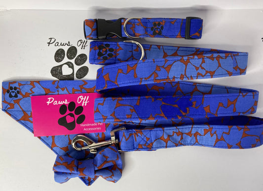 Ombre Leaf Blue fabric Handmade Personalised Dog Collar set, adjustable collar, lead. bow ties and bandanas