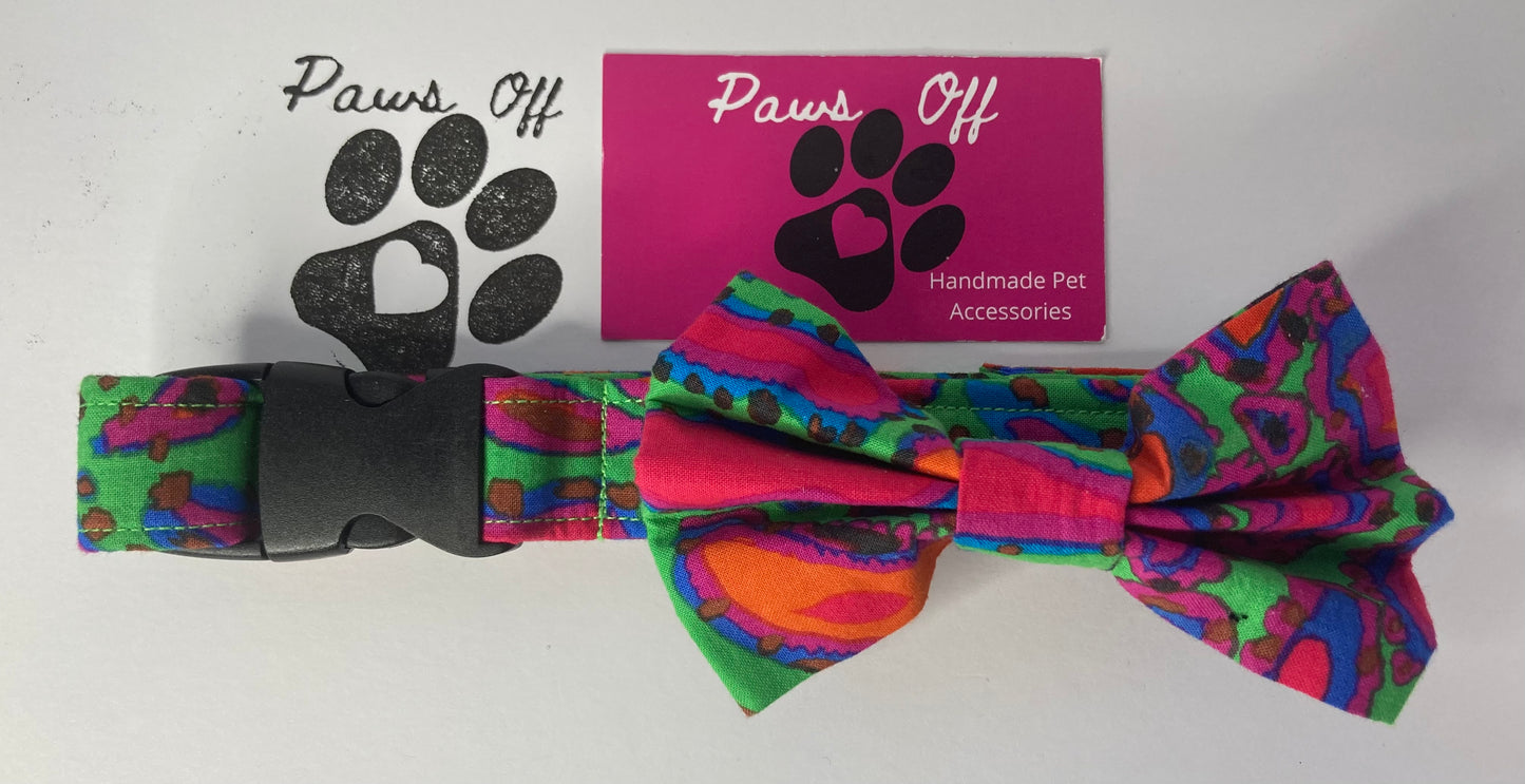 Modern vibrant fabric personalised dog collar, handmade dog collar, adjustable dog collar, dog accessories set, matching lead, matching bow tie, bandana