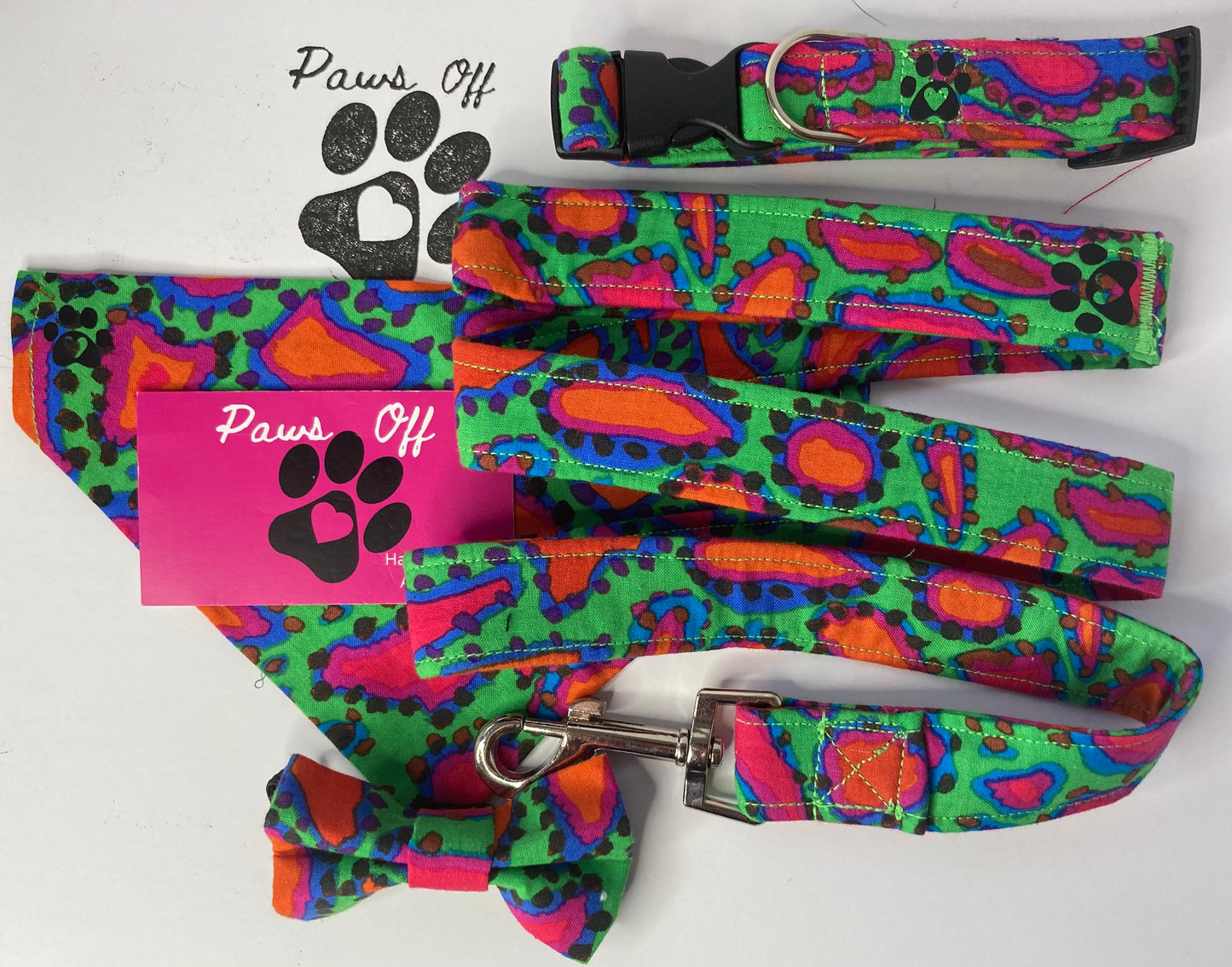 Modern Vibrant Fabric Handmade Personalised Dog Collar set, Adjustable collar, Lead, Bow Tie and Bandana