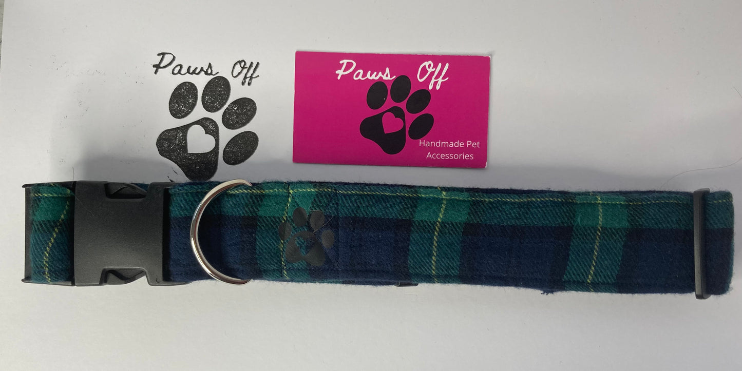 Tartan Green Handmade Personalised Adjustable Dog Collar set and matching Lead, Bow Tie and Bandana