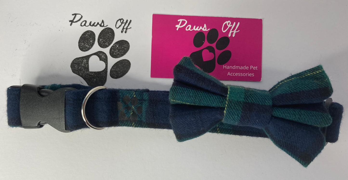 Tartan Green Handmade Personalised Adjustable Dog Collar set and matching Lead, Bow Tie and Bandana