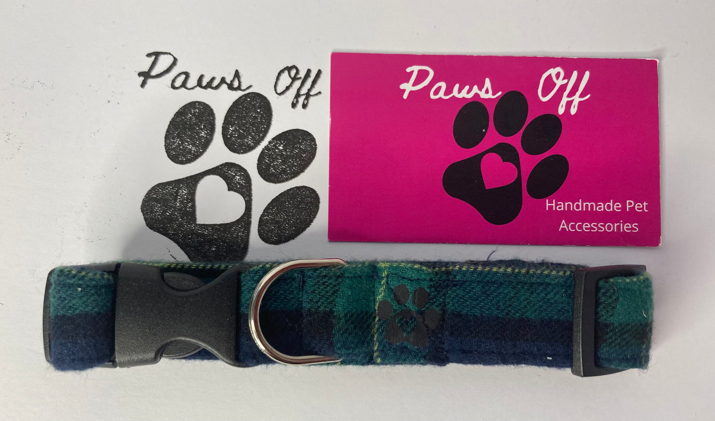 Tartan Green Handmade Personalised Adjustable Dog Collar set and matching Lead, Bow Tie and Bandana