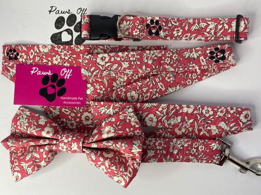 Liberty Pink Handmade Personalised Dog Collar set, adjustable dog collar, matching Lead, Bow Ties and Bandanas